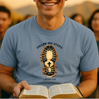 Follow His Steps — Boot Print Christian Tee (1 Peter 2:21)