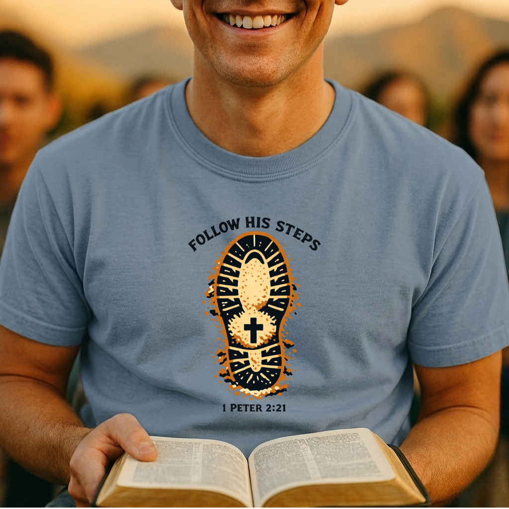 Follow His Steps — Boot Print Christian Tee (1 Peter 2:21)