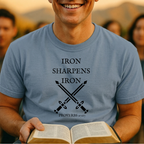 Iron Sharpens Iron T-Shirt — Christian Faith Crossed Swords Tee (Proverbs 27:17)