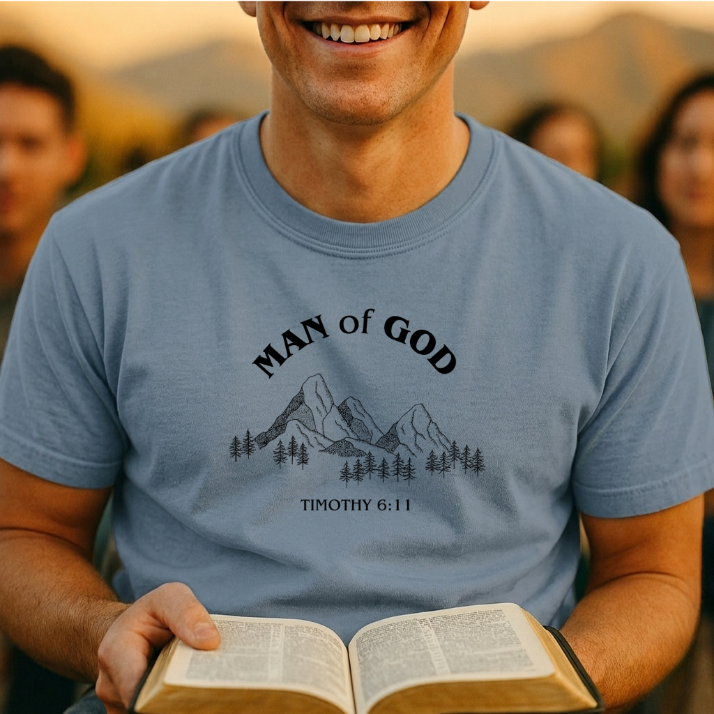 Man of God T-Shirt – Faith Mountain Graphic (Timothy 6:11)