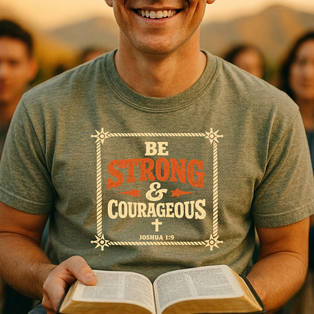 Be Strong & Courageous T-Shirt — Inspirational Christian Bible Verse Tee (Joshua 1:9)