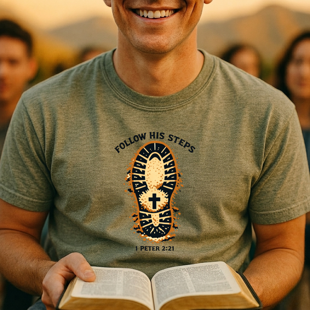 Follow His Steps — Boot Print Christian Tee (1 Peter 2:21)