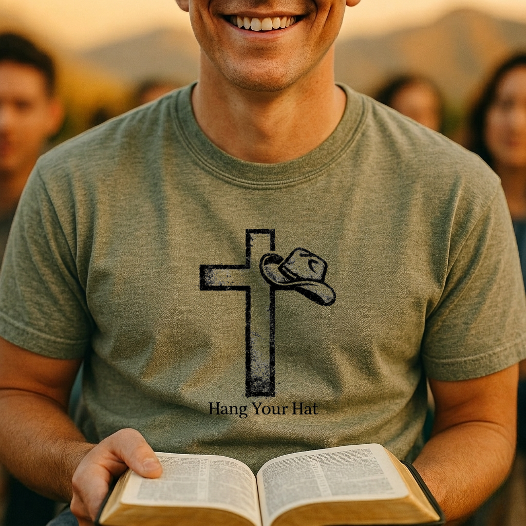 Hang Your Hat Christian T-Shirt — Cross & Cowboy Hat Faith Tee