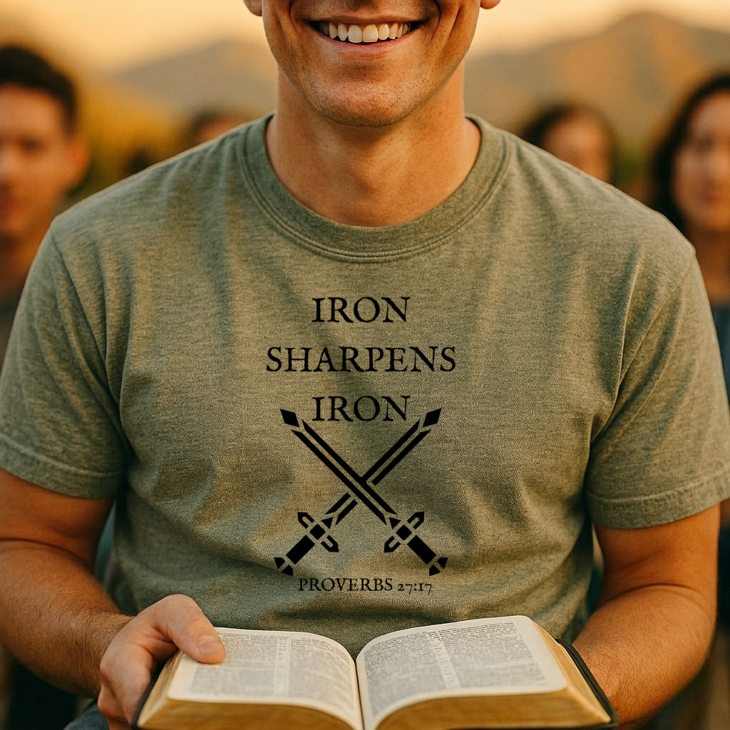 Iron Sharpens Iron T-Shirt — Christian Faith Crossed Swords Tee (Proverbs 27:17)