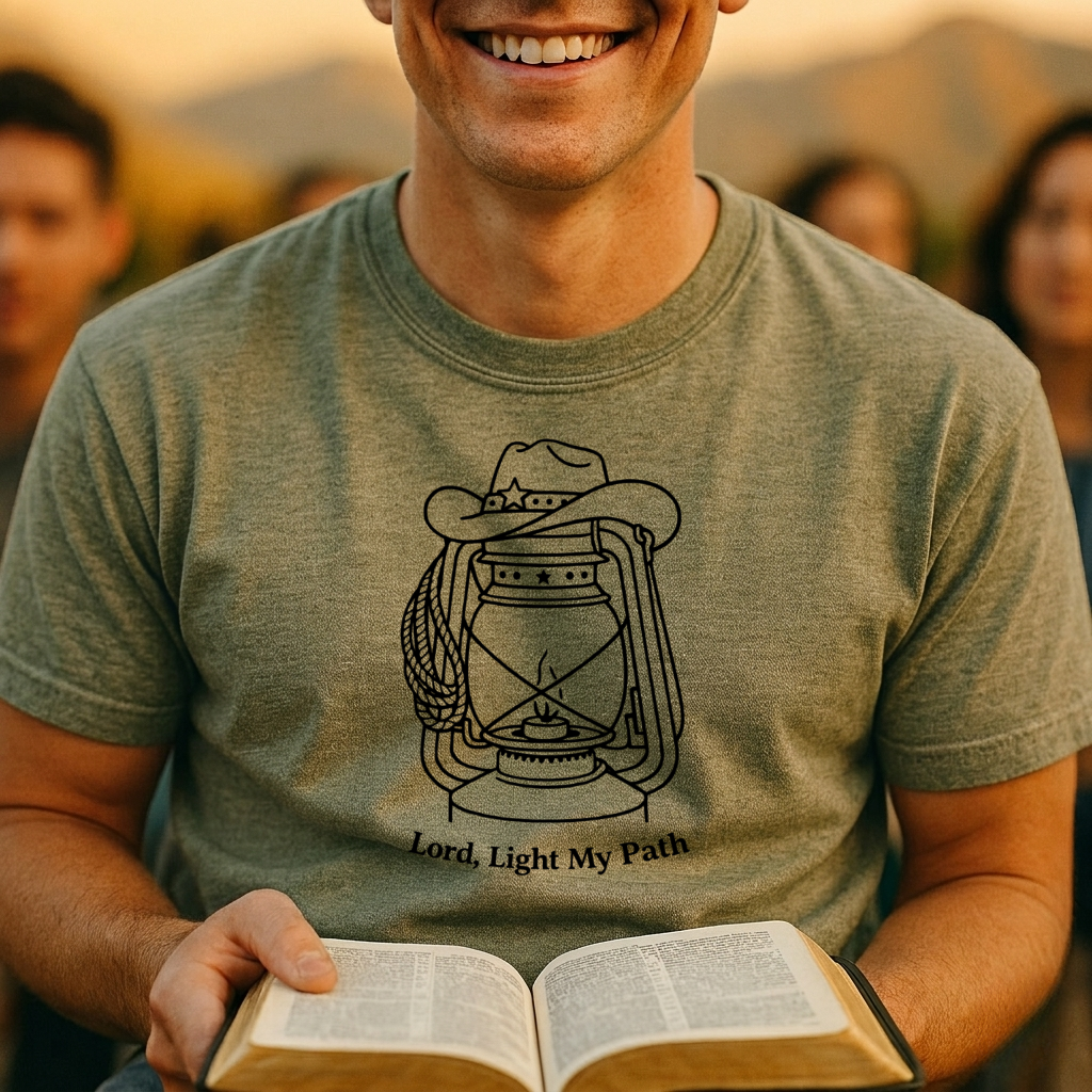 'Lord, Light My Path' Lantern & Cowboy Hat Christian Graphic