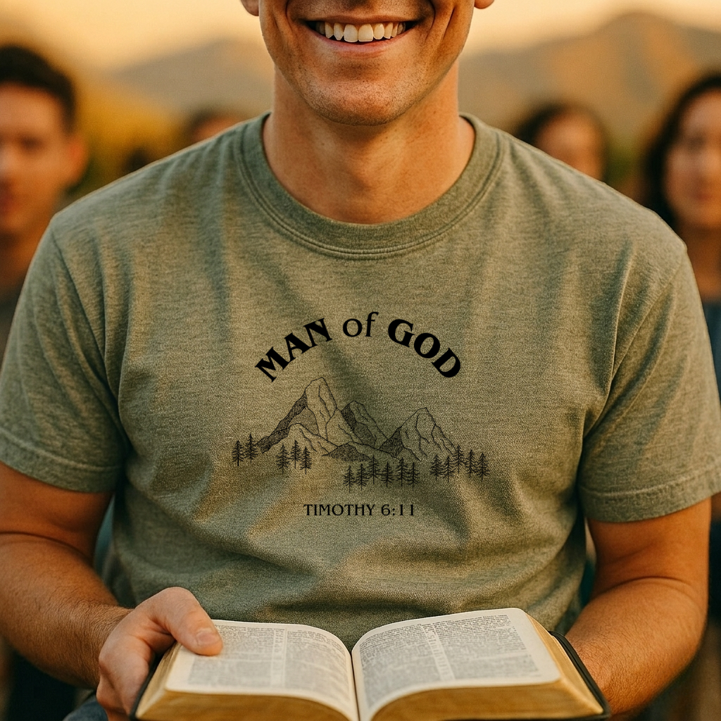 Man of God T-Shirt – Faith Mountain Graphic (Timothy 6:11)