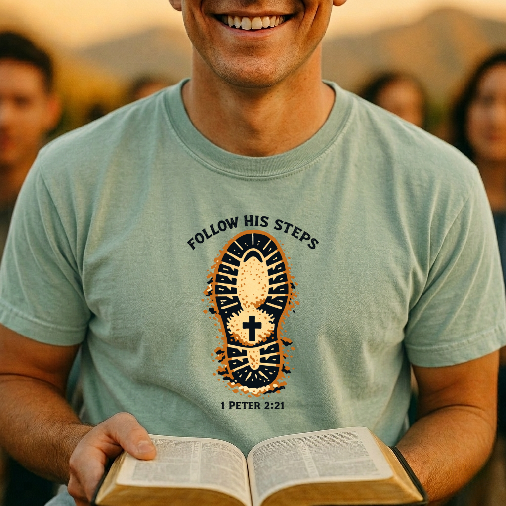 Follow His Steps — Boot Print Christian Tee (1 Peter 2:21)