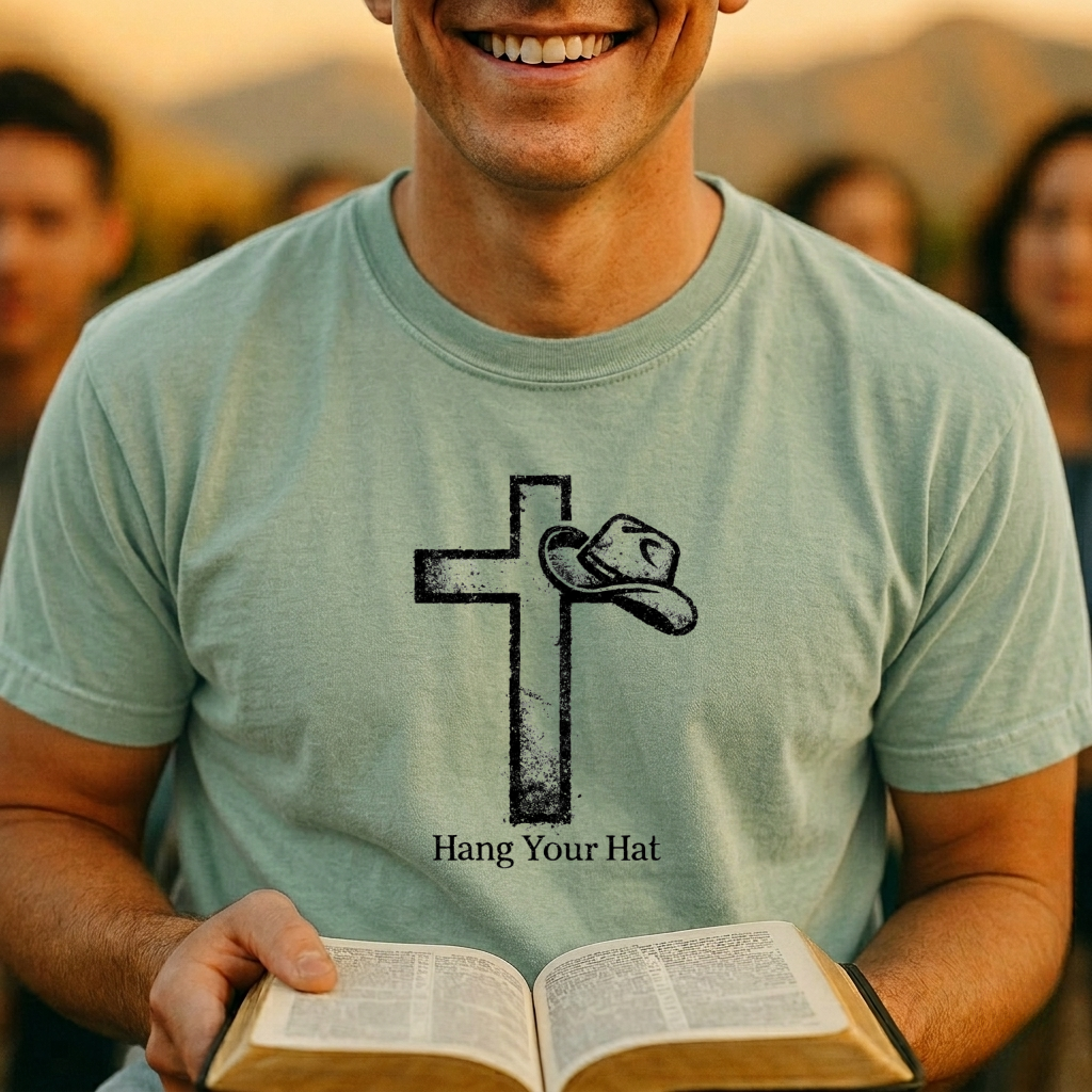 Hang Your Hat Christian T-Shirt — Cross & Cowboy Hat Faith Tee
