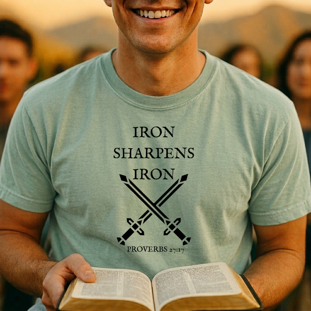 Iron Sharpens Iron T-Shirt — Christian Faith Crossed Swords Tee (Proverbs 27:17)