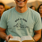 Man of God T-Shirt – Faith Mountain Graphic (Timothy 6:11)