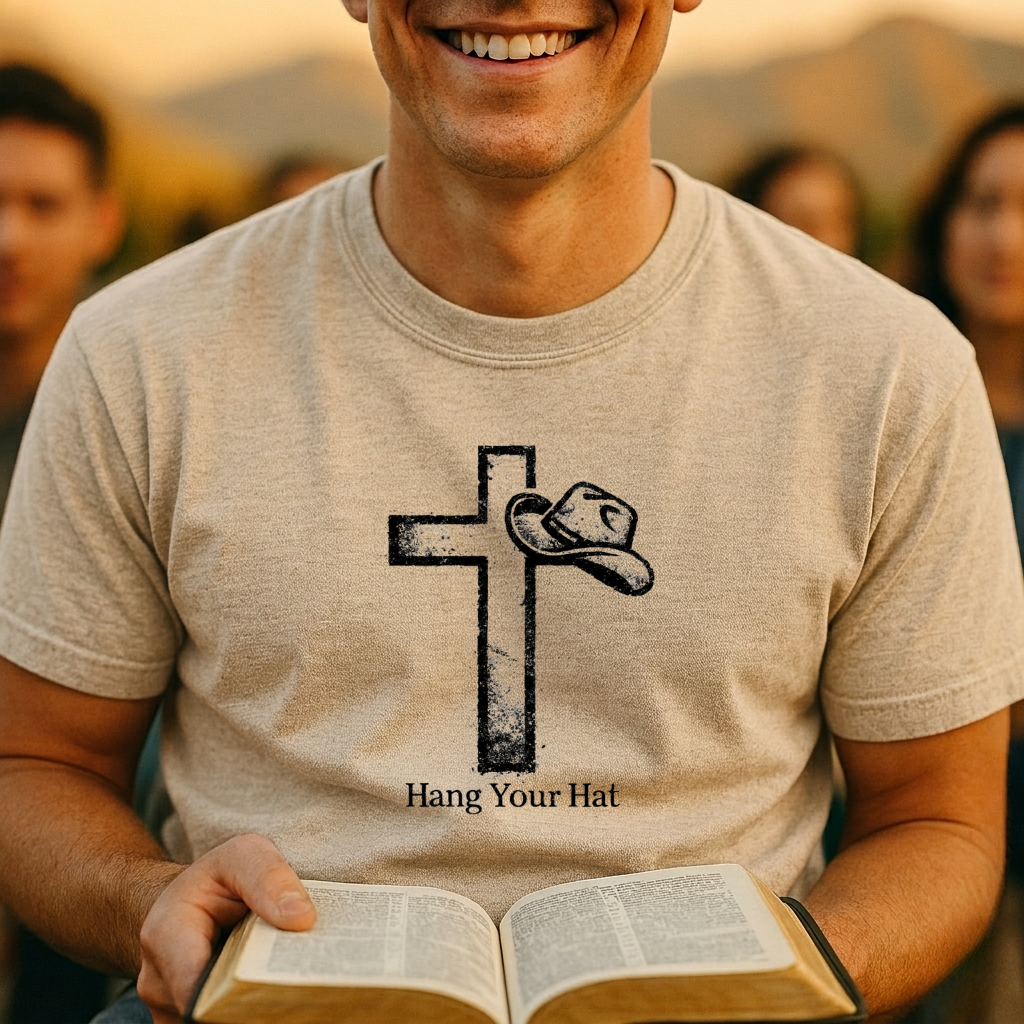 Hang Your Hat Christian T-Shirt — Cross & Cowboy Hat Faith Tee