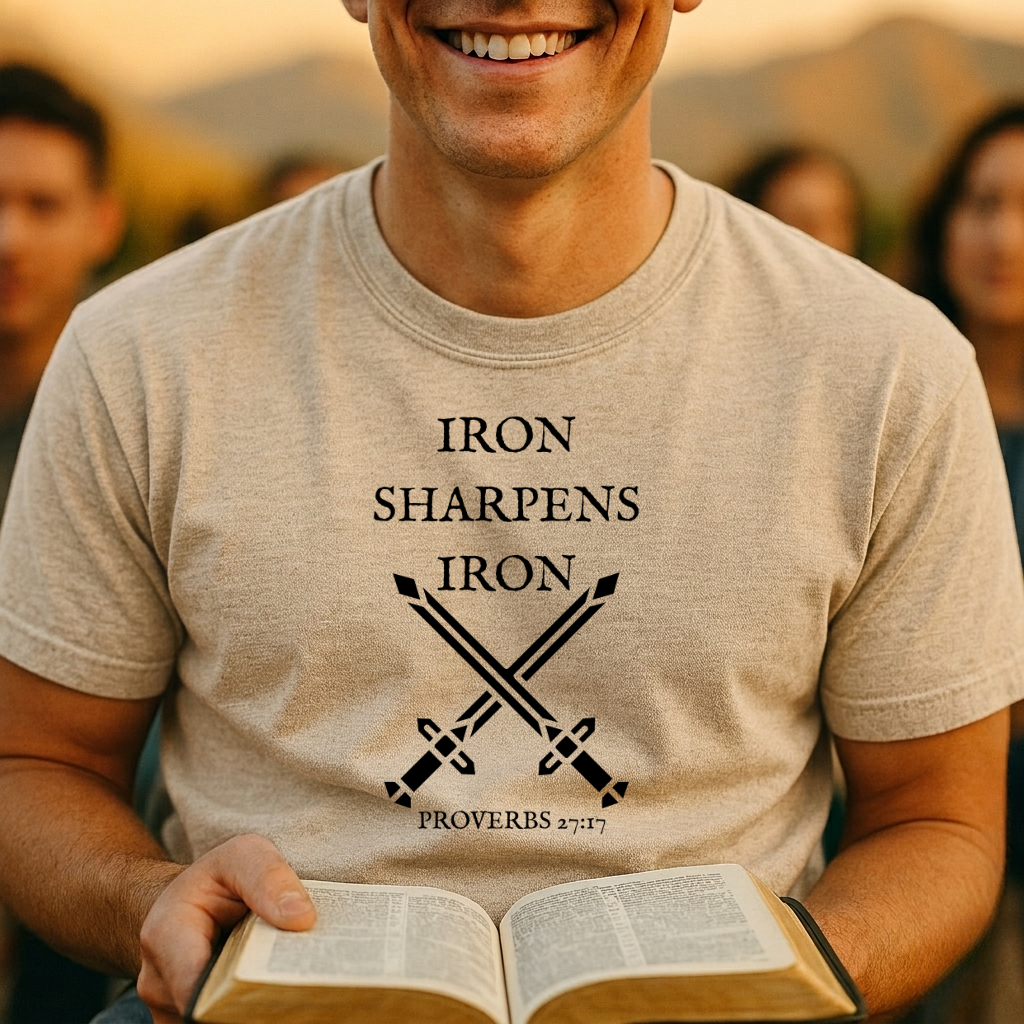 Iron Sharpens Iron T-Shirt — Christian Faith Crossed Swords Tee (Proverbs 27:17)