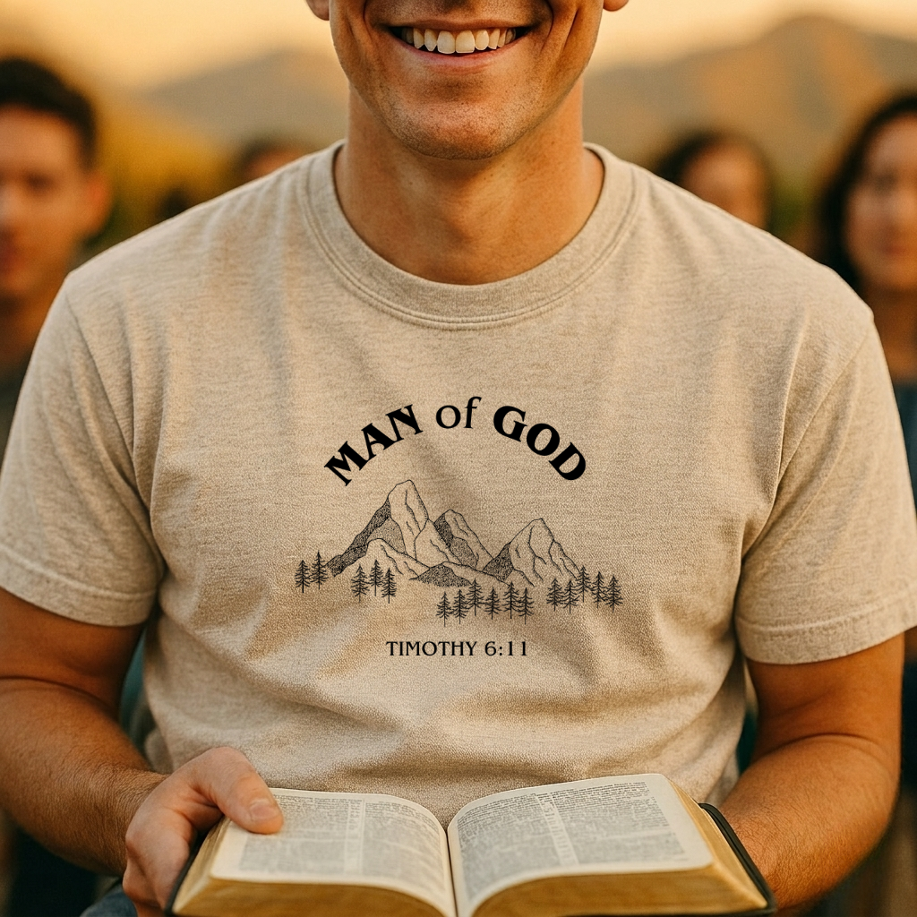 Man of God T-Shirt – Faith Mountain Graphic (Timothy 6:11)