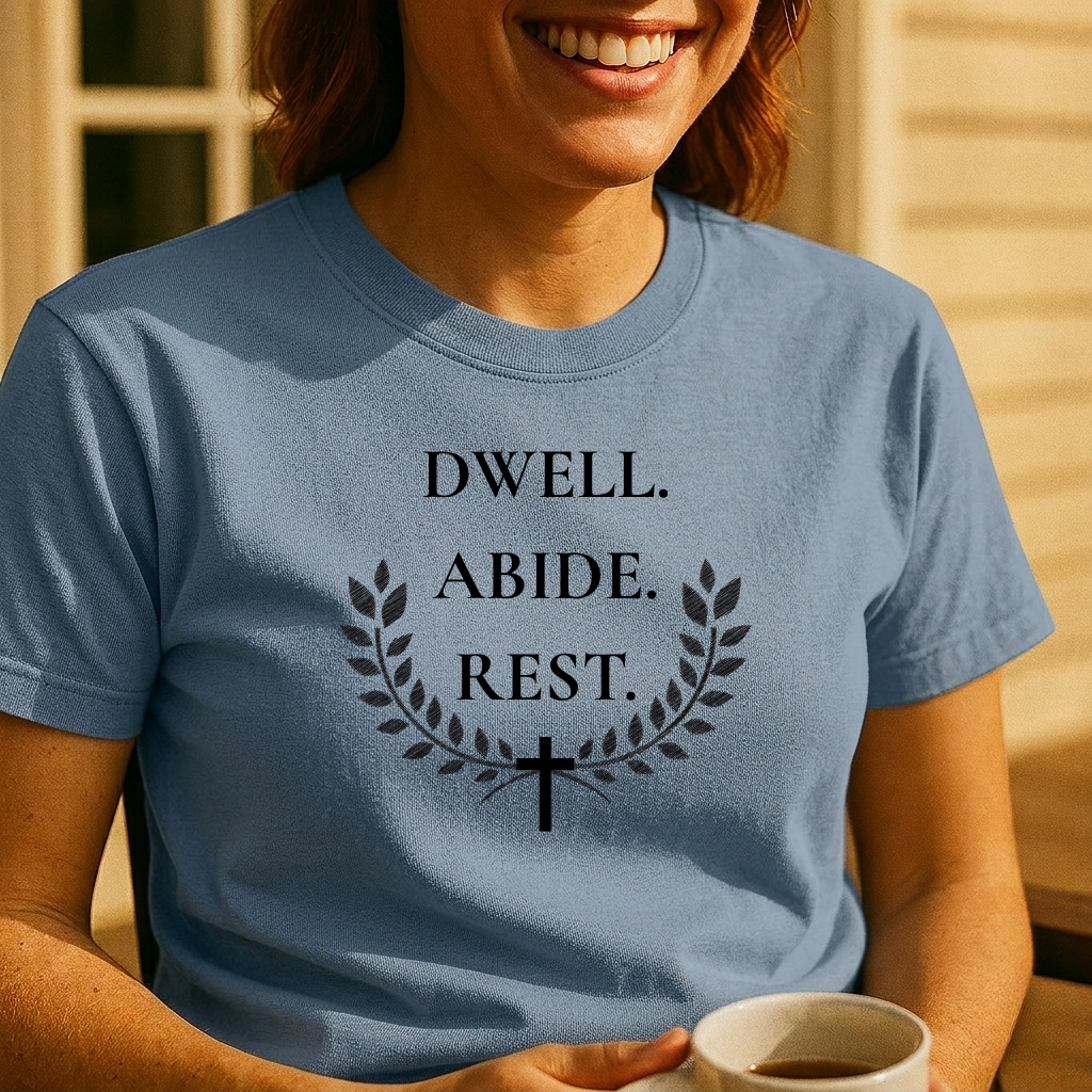 Dwell Abide Rest T-Shirt — Christian Faith Tee with Laurel & Cross
