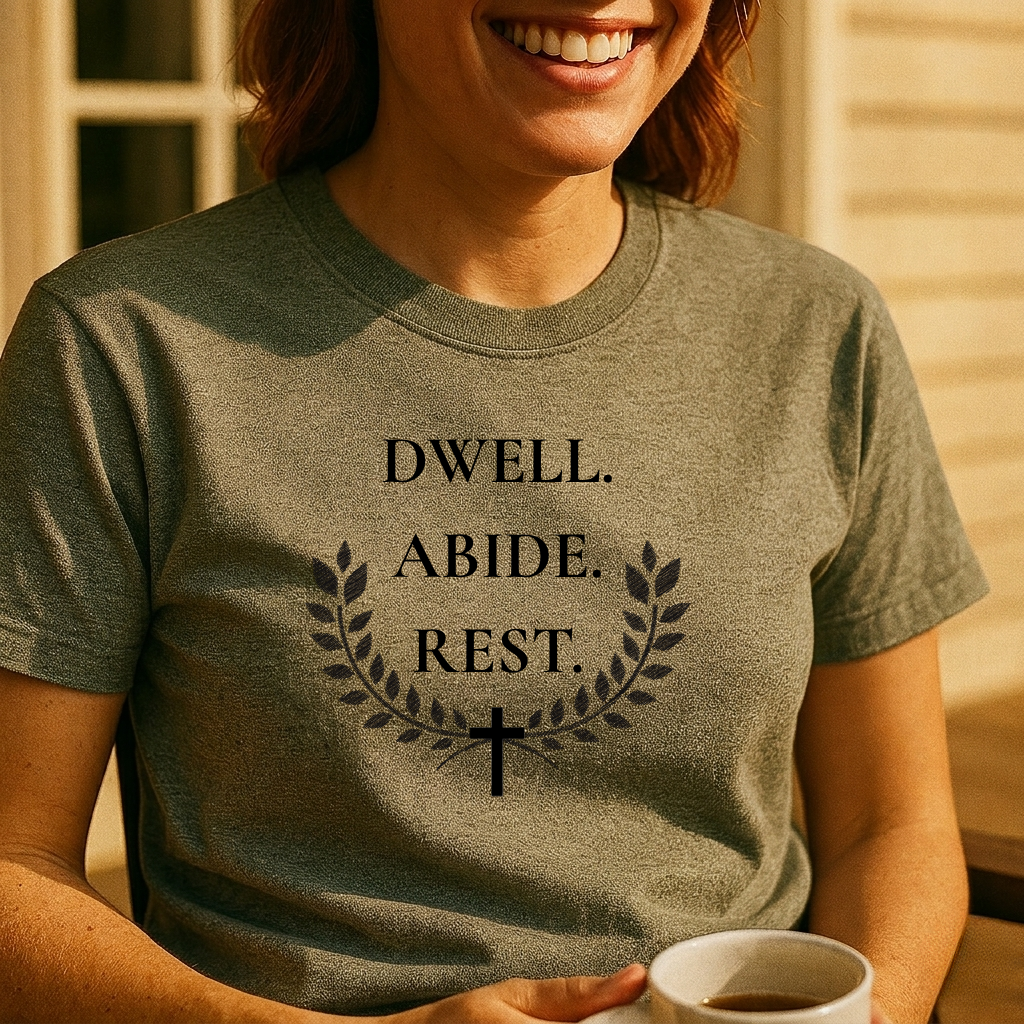 Dwell Abide Rest T-Shirt — Christian Faith Tee with Laurel & Cross