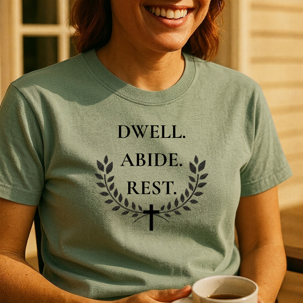 Dwell Abide Rest T-Shirt — Christian Faith Tee with Laurel & Cross