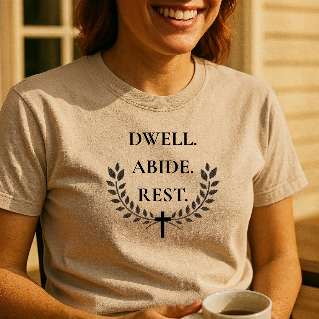 Dwell Abide Rest T-Shirt — Christian Faith Tee with Laurel & Cross